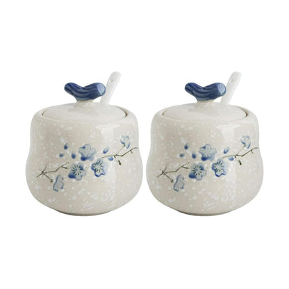 YMYL Ceramic Sugar Bowl with Lid and Spoon Set of 2, 13.5oz Porcelain Condiment Pots Salt Bowl Sugar Jar Seasoning Jars Set for Kitchen, Dishwasher Safe