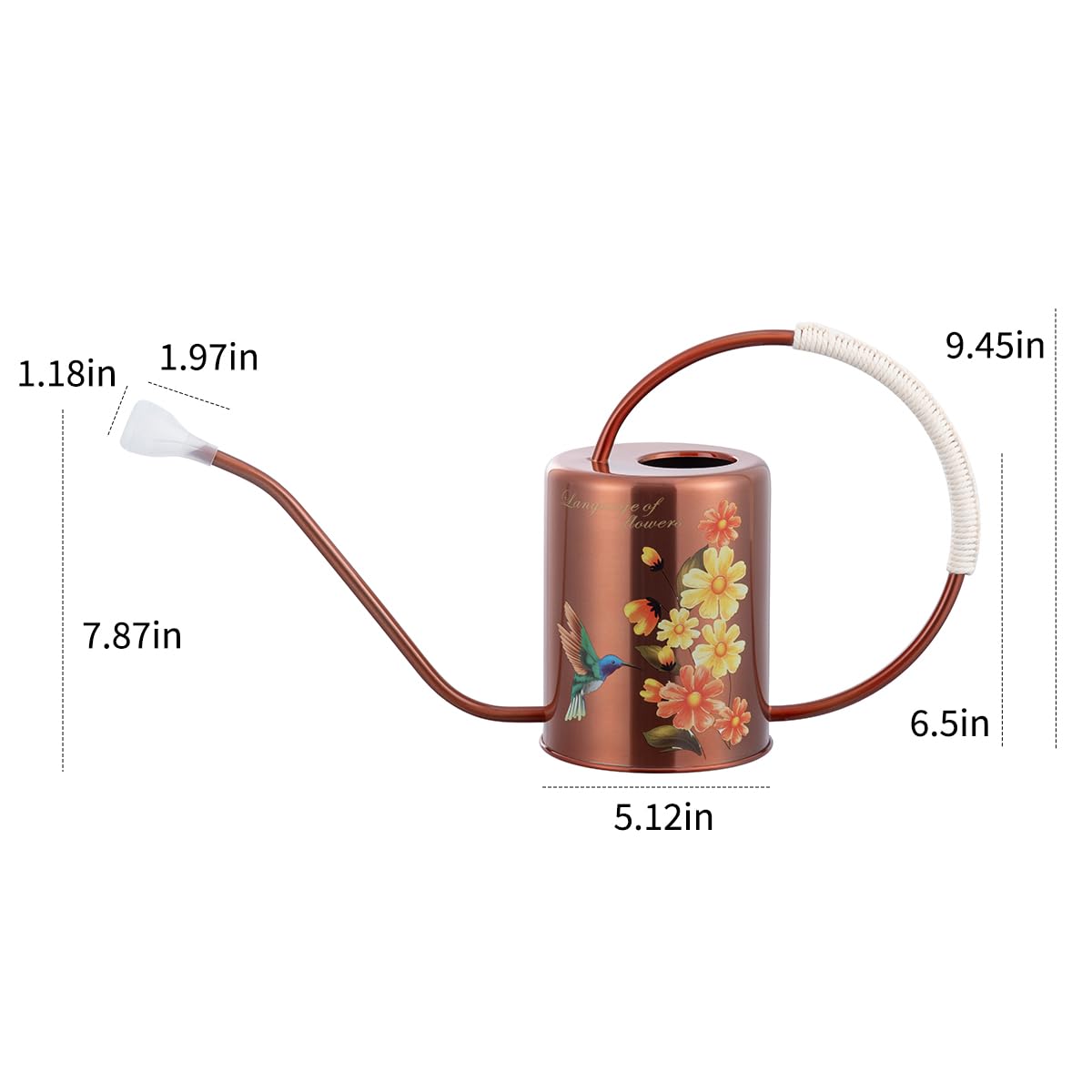 1/2 Gallon 68oz Long Spout Stainless Steel Flower for Indoor Plant Watering or Outdoor Gardening with 2 Removable Spray Spout for Flowers Plant Hummingbird Pattern Watering Can, Bronze