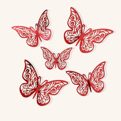 72Pcs 3D Butterfly Wall Decor - 3 Sizes, 3 Styles - Removable Butterfly Wall Stickers for Kids Nursery, Wedding, Bedroom & Room Decor (Red)