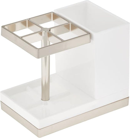mDesign Plastic Toothbrush and Toothpaste Storage Organizer Holder - Home Decor for Bathroom Countertop - Holds Toiletries and Beauty Accessories - Lumiere Collection - White/Brushed