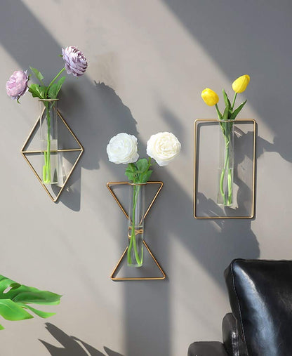 Nordic Wall Vase,Gold Geometric Vase Hanging Hydroponic Planter,Wall-Mounted Metal Glass Tube Bud Vase Decorative for Centerpieces Wedding Home Decor(Gold 4)