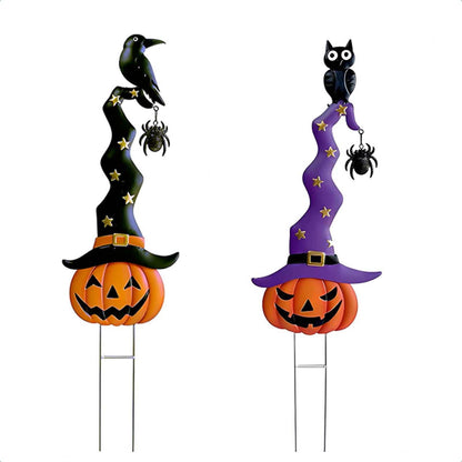 2 Pack Halloween/Thanksgiving Garden Decorations, Metal Jack-O-Lantern Stakes with Witch Hats, Scary Yard Sign Outdoor Lawn Decor, Metal Pumpkin Outdoor Halloween Yard Signs