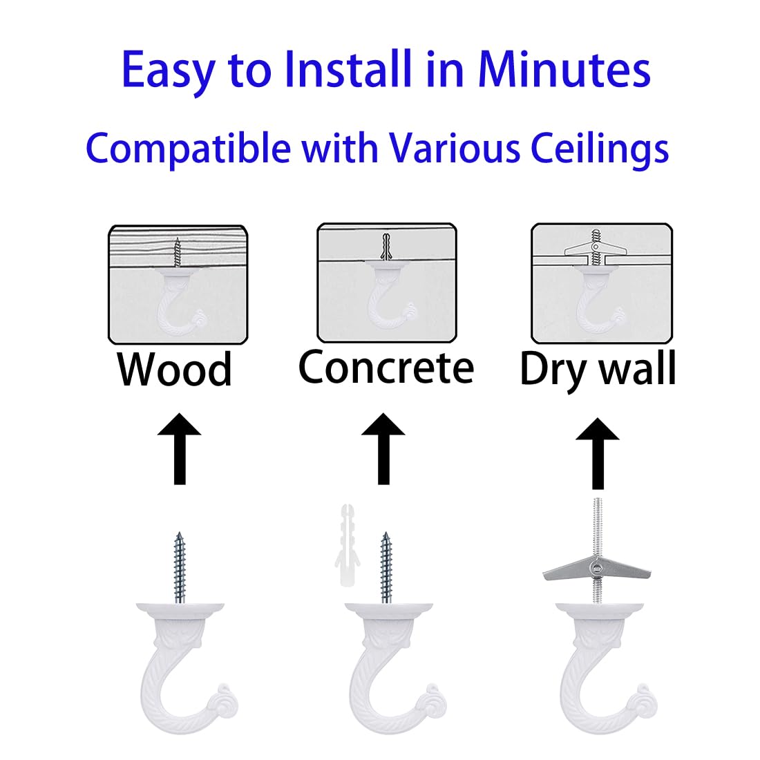 OBSTKUCHEN 3 Sets Large Swag Ceiling Hooks Heavy Duty Swag Hook with Hardware for Hanging Plants Ceiling Installation Cavity Wall Fixing (3 Sets, White)