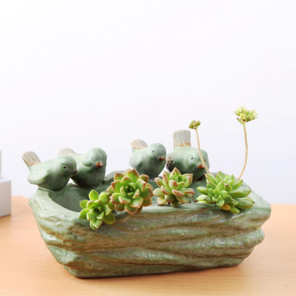 Ceramic Succulent Pot, Handmade Animals Bird Succulent Planter/Plant Pot/Flower Pot/Bonsai Pot for Herb, Succulent,Cactus Container Large-Caliber for Home Decor (Four Birds)