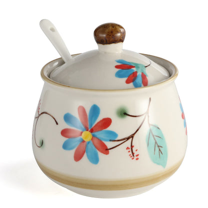 Evannt Porcelain Sugar Bowl Set of 2 Porcelain Sugar Jar with Lid and Spoon Sugar Canister Storage Container for Sugar Salt Spice Pepper Condiment (Style 2)