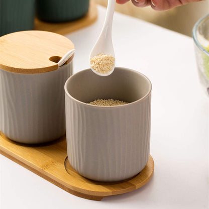 OnePine Set of 2 Ceramic Sugar Bowl 300ml Ceramic Spice Jar Condiment Pots with Bamboo Lid and Ceramic Spoon for Home and Kitchen, Height 3.93 inch,White and Gray