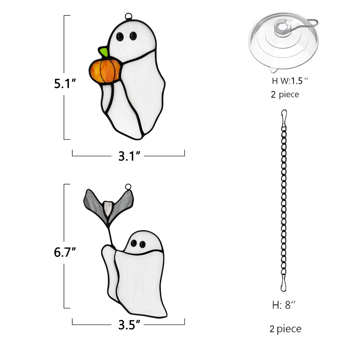 LITEPEDIA Ghosts Decor Stained Glass Window Hangings,Halloween Bat Ornament Stained Glass Suncatcher for Window,Cute Ghosts Gifts for Girls Boys,Funny Halloween Pumpkin Party Decor