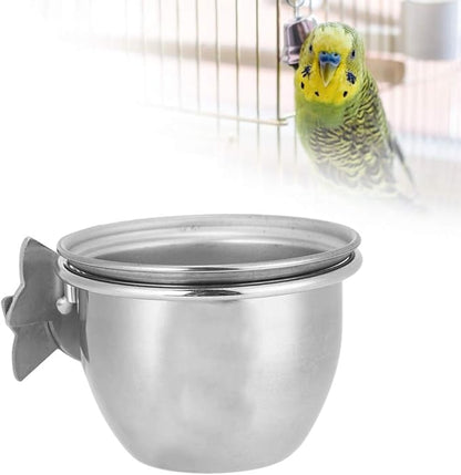 Tyenaza Stainless Steel Parrot Food and Water Coop Cup Bird Feeding Dish Feeder with Clamp Holder