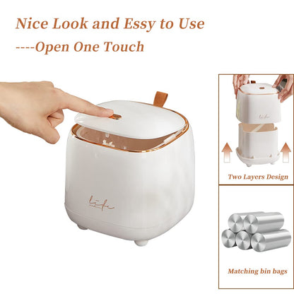 WDPUCHU Mini Countertop Trash Can with 5 Rolls of Trash Bags, Waste Can with Press Type Lid, 0.5 Gallon/1.5 Liter Wastebasket Trash Can Dispenser, Mini Bin for Bathroom Vanity,Coffee Table (White)