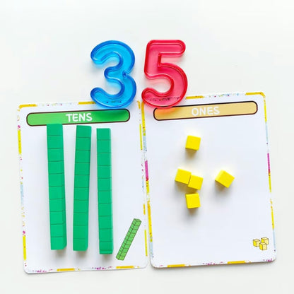 Math Task Boxes Set of 5 Math Manipulatives Themes 230+ Pieces of Number Rods, Base Ten Blocks, Ten Frame Disc Counters, Place Value Blocks, 0-9 Numbers, 3D Shapes, Activity Cards (Base Ten Blocks)