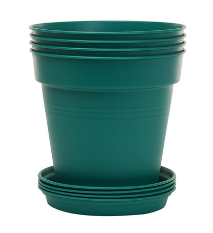 Mintra Garden Pots, 4 Pack Bulk Plastic Plant Pots with Drainage Tray, Round Indoor & Outdoor Decorative Planters with Drain Holes for Flowers, Herbs & Plants, 19cm Diameter – Forest Green, 7.5 in