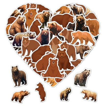 Pack 50 Pcs Cute Animal Brown Bear Stickers for Water Bottles Waterproof Laptop Luggage Computer Scrapbooking Teens Adults Girls Boys Aesthetic Sticker Packs Small Vinyl Decals