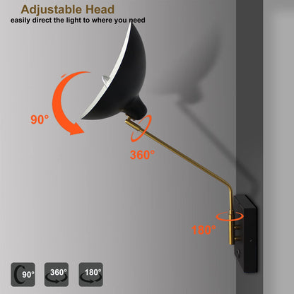 CLAXY Plug in Wall Sconces Swing Arm Wall Mounted Lighting Matte Black