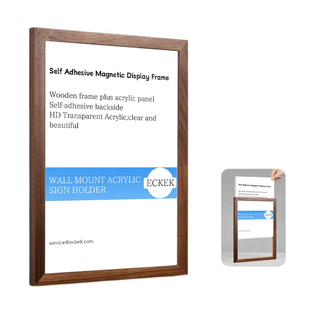 ECKEK Wall Mount Acrylic Sign Holder Self Adhesive Magnetic Display Frame Clear Document Frame for Office, Store, School, Home, Wall Picture Frame (Walnut A3 297×420mm/11.69×16.54inches)