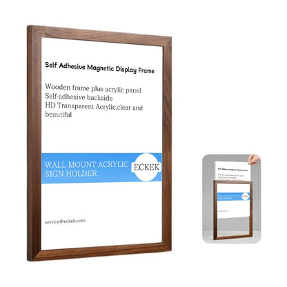 ECKEK Wall Mount Acrylic Sign Holder Self Adhesive Magnetic Display Frame Clear Document Frame for Office, Store, School, Home, Wall Picture Frame (Walnut A3 297×420mm/11.69×16.54inches)