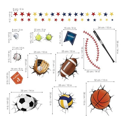 decalmile 3D Sports Balls Wall Decals Basketball Football Soccer Tennis Wall Stickers Boys Bedroom Kids Room Playroom Wall Decor