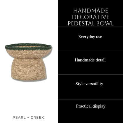 Lagena Decorative Pedestal Bowl, Handwoven Natural Grass Key Bowl and Fruit Bowl, Entryway Table Decor, Coffee Table and Bookshelf Styling, Boho and Farmhouse Home Decor, Green Trim, 8in Wide 6in Tall