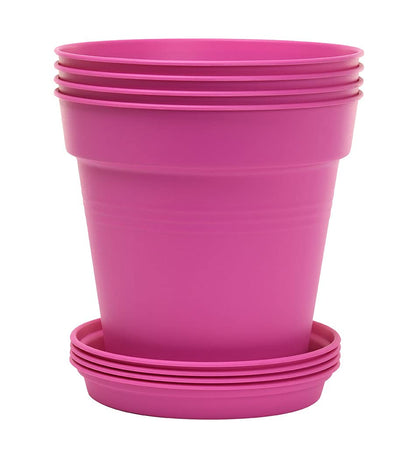 Mintra Garden Pots, 4 Pack Bulk Plastic Plant Pots with Drainage Tray, Round Indoor & Outdoor Decorative Planters with Drain Holes for Flowers, Herbs & Plants, 19cm Diameter – Fuchsia, 7.5in Wide