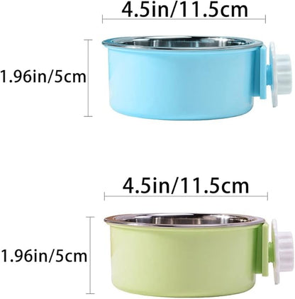 Crate Dog Bowl,Removable Stainless Steel Water Food Feeder Bowls Crate Coop Cup,Pet Cage Bowls with Bolt Holder for Cat, Puppy, Birds, Rats, Rabbits Small Animals ((Blue+Green) Round, Samll)