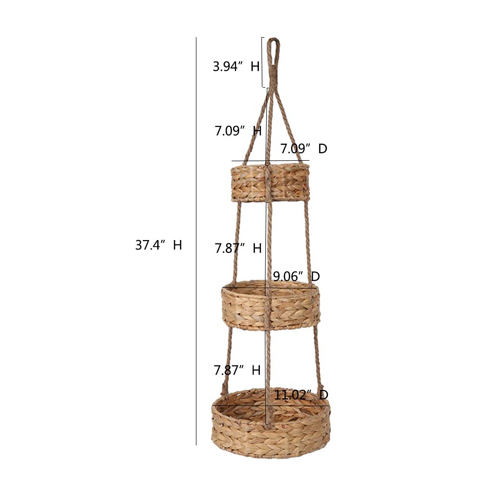 KINGWILLOW 3 Tier Hanging Fruit Basket, Handmade Natural Water Hyacinth Wall Vegetable Storage Baskets, Space Saver for Kitchen Organizing Plant Holder