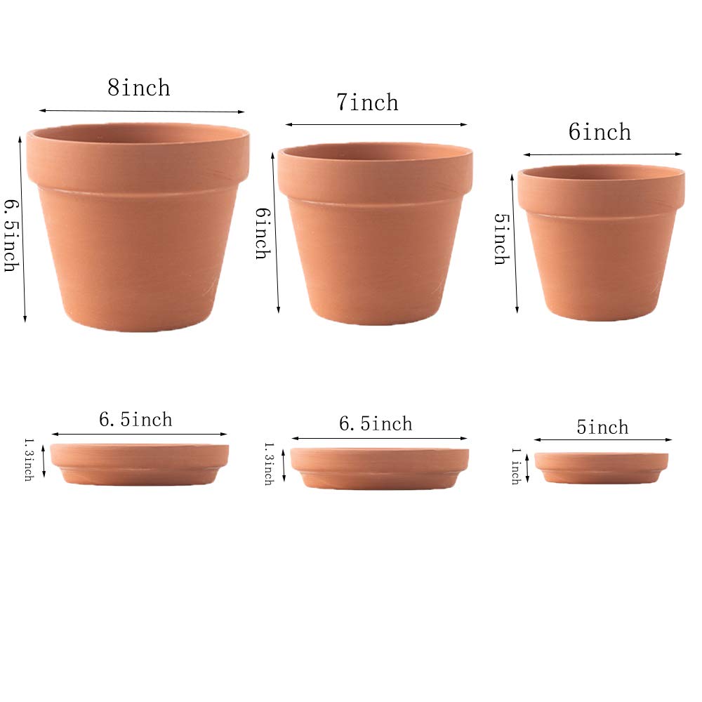 Yishang Large Terracotta pos with Drainage Hole and Saucers,Ceramic Clay Planter Pots for Indoor/Outdoor Plants,6 Inch & 7 Inch & 8 Inch,Set of 3