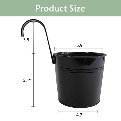 Joyfernal 4 Pack Black Railing Planter, 6 Inch Metal Hanging Planters for Outside Balcony Rails Fence with Detachable Hooks, Flower Pots Outside for Garden Patio (Black, Pack of 4)