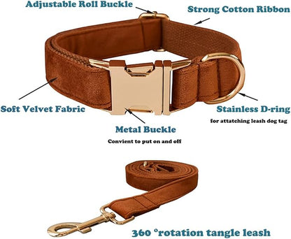 Love Dream Velvet Dog Collar and Leash Set, Soft & Comfy Adjustable Dog Leash and Collar with Heavy Duty Metal Buckle for Small Medium Large Dogs Training & Walking (Large, Copper Red)