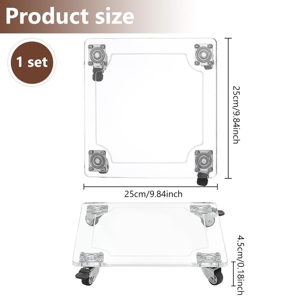 BENECREAT Acrylic Plant Caddy Heavy Duty 30Kg /66lbs Capacity, 10x10inch Square Clear Plant Pots Stands with 4 Rubber Wheels, Lockable Plant Stand for Indoor Outdoor Planter Display
