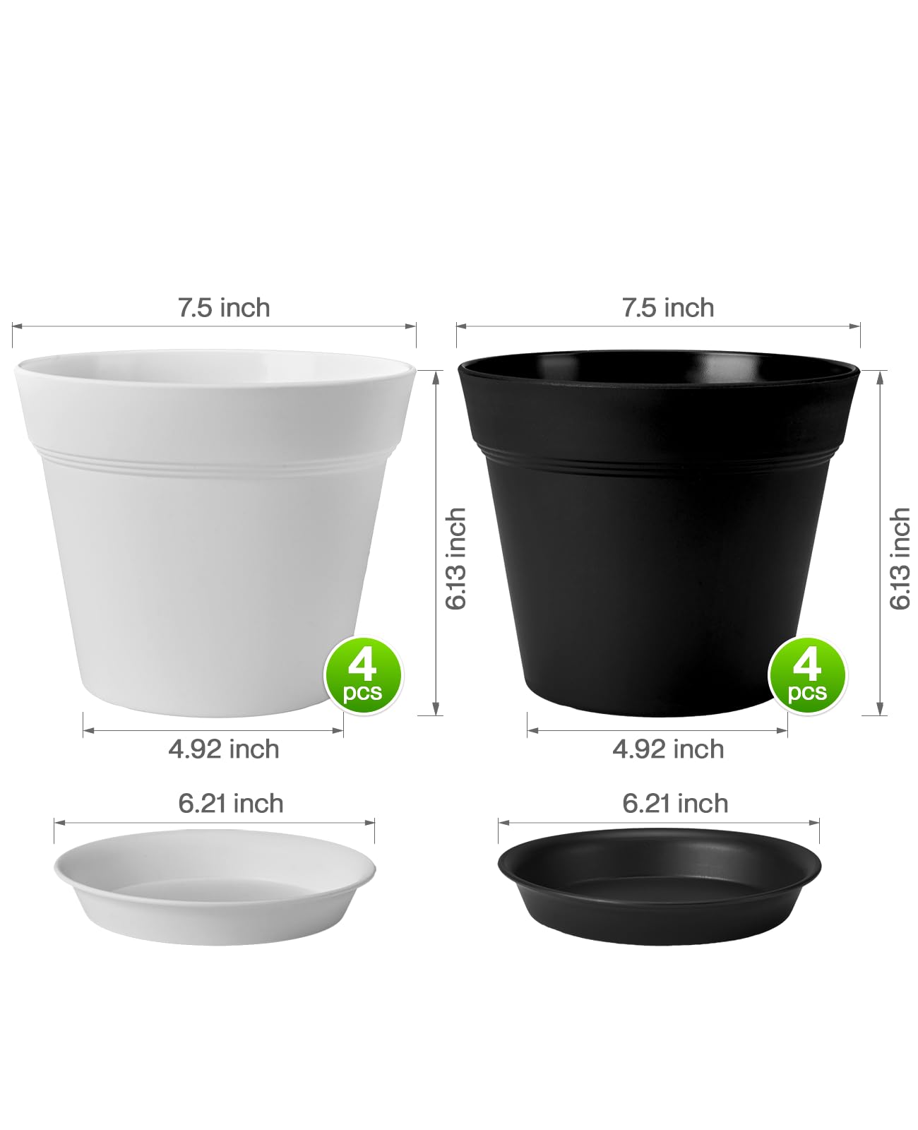 homenote Plant Pots,7.5 Inch Flower Pots for Plants Plastic Planters for Indoor with Multiple Drainage Holes and Trays, for All Home Garden Flowers Succulents,Outdoor(White&Black,8 Pack)