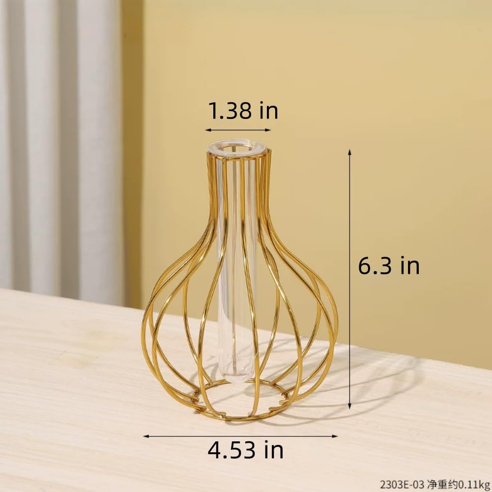 Table Flower Vases,Gold Geometric Metal Frame Clear Glass Tube Bud Vase Hydroponic Plants,Bulb-Shaped Design,Gold Vase Decorative for Fridge,Window,Home,Party(gold 10)