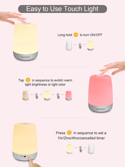 YYDSKIT Night Light for Kids & Nursery - Rechargeable Touch Lamp, Portable Nursing Lamp with Soft & Warm Light for Newborn, 3 Timers, Up to 200H