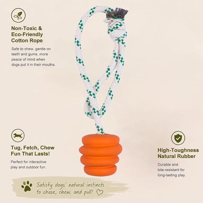 Green Sheep Tug & Enrichment Dog Toy, Interactive Rope Ball Toy with Removable Cotton Rope, Treat Dispensing Natural Rubber Dental Chew Toy for Medium and Large Dogs，Orange