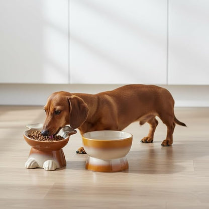 Nihow Dog Food & Water Bowl Set: Elevated Ceramic Dog Bowls for Medium/Small Size Dog - Food Safe Raised Puppy Bowls - Brown Pet Bowl for Protecting Pet's Spine (Set of 2)