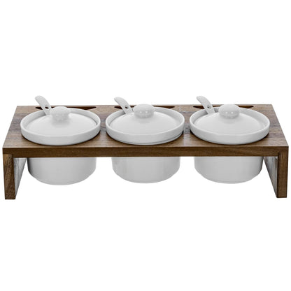 MyGift 10 Pcs Condiment Pot Serving Dish Set, Hosting Essentials, Premium Acacia Solid Wood Raised Display Server Tray and 3 Ceramic Ramekin Dip Bowls with Lids and Spoons