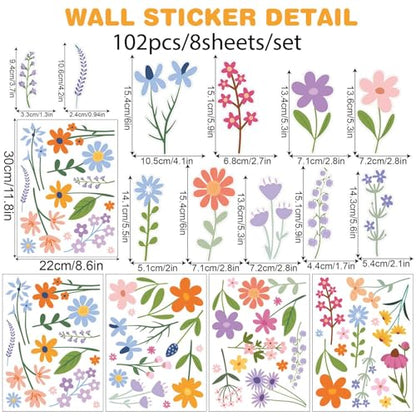 Wild Flower Wall Decals - Peel and Stick Removable Floral Wall Stickers for Nursery, Bedroom, Living Room Decor (8 Sheets 102 Pcs Wildflower Mural Art, Garden Theme)