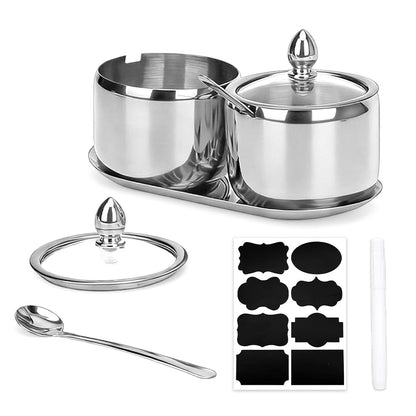 2-Pack 10 Oz Coffee & Sugar Dispenser Set with Tray - Sugar Bowl with Glass Lid & Spoon, Includes Label Stickers & White Marker | Coffee Bar Accessories for Beans, Salt, Brown Sugar Cubes (Silver)