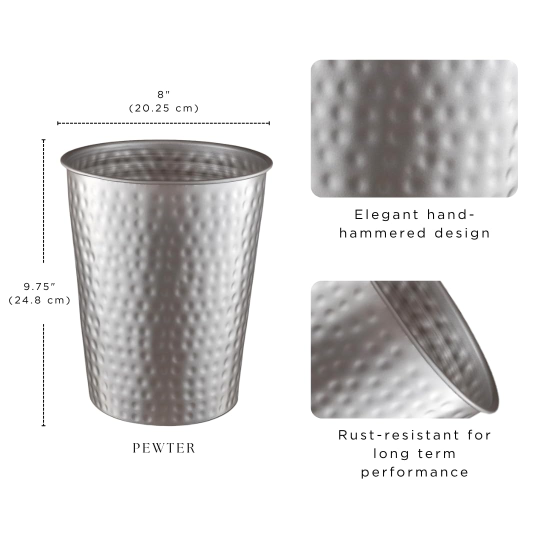 Monarch Abode Metal Bathroom Trash Can – Waste Basket for Bedroom, Office Desk, & Dorm, Hand Hammered, Durable Decorative Pewter Small Trash Can Bathroom Garbage Bin Wastebasket