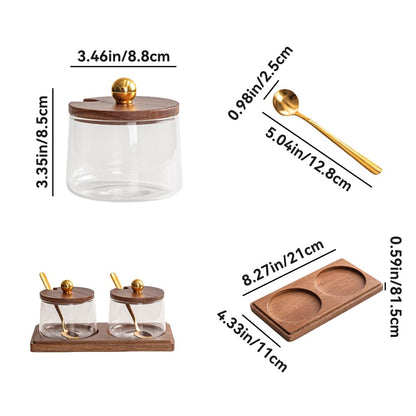 ANQIA Condiment Containers Set with Acacia Wood Lids and Tray Seasoning Box Condiment Pots Jars with Spoons for Spice Salt Sugar Cruet (Gold Top, 2 Jars with Tray)