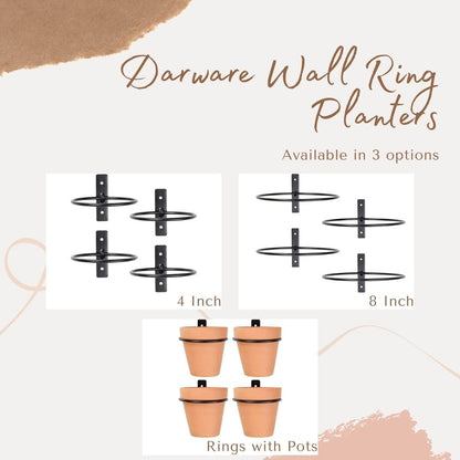Darware Metal Wall Ring Planters with Pots (4-Pack, 8-Piece Set); Wall Mounted Clay Pots with Holders for Plants and Flowers