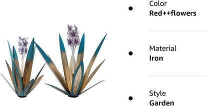 LCJECV Metal Agave Plant Garden Art, 2 Pack Tequila Rustic Sculpture, Rustic Metal Agave Plants Lawn Home Ornaments, for Yard Stakes, Garden Figurines, Outdoor Patio (2 PCS Purple Flowers)