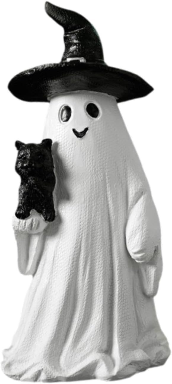 Garkria Resin Halloween Ghost Black Cat Figurine Miniature Ghost and Black Cat Statue Collectible Tabletop Ornaments for Halloween Home Party Decor - White