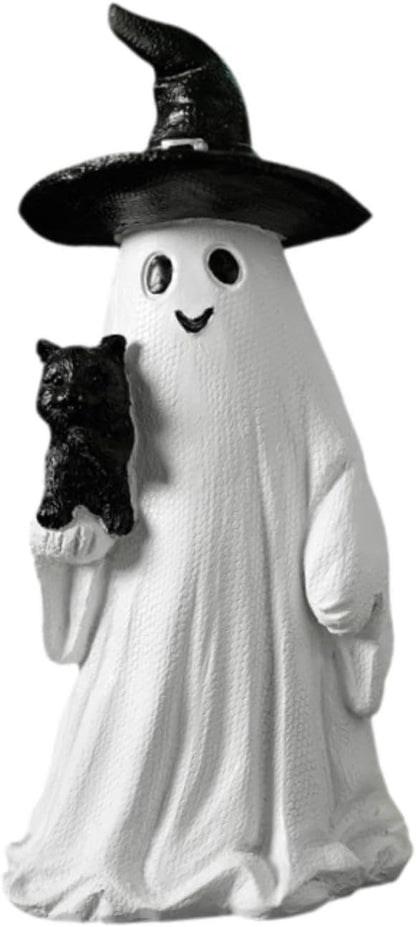 Garkria Resin Halloween Ghost Black Cat Figurine Miniature Ghost and Black Cat Statue Collectible Tabletop Ornaments for Halloween Home Party Decor - White