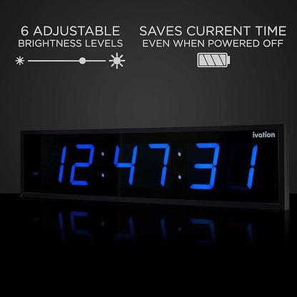 Ivation Oversized Large Digital Wall Clock - Big LED Digital Clock w/Large Display & Durable Aluminum Frame, Shelf or Wall Mount (30 Inch - Blue) 6 Brightness Levels | Time Memory | Remote