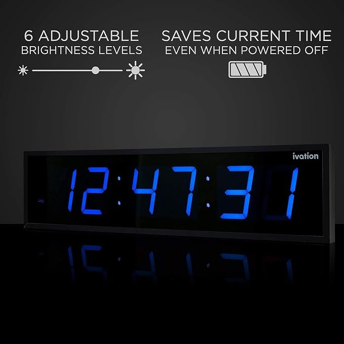 Ivation Oversized Large Digital Wall Clock - Big LED Digital Clock w/Large Display & Durable Aluminum Frame, Shelf or Wall Mount (24 Inch - Blue) 6 Brightness Levels | Time Memory | Remote