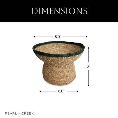 Lagena Decorative Pedestal Bowl, Handwoven Natural Grass Key Bowl and Fruit Bowl, Entryway Table Decor, Coffee Table and Bookshelf Styling, Boho and Farmhouse Home Decor, Green Trim, 8in Wide 6in Tall