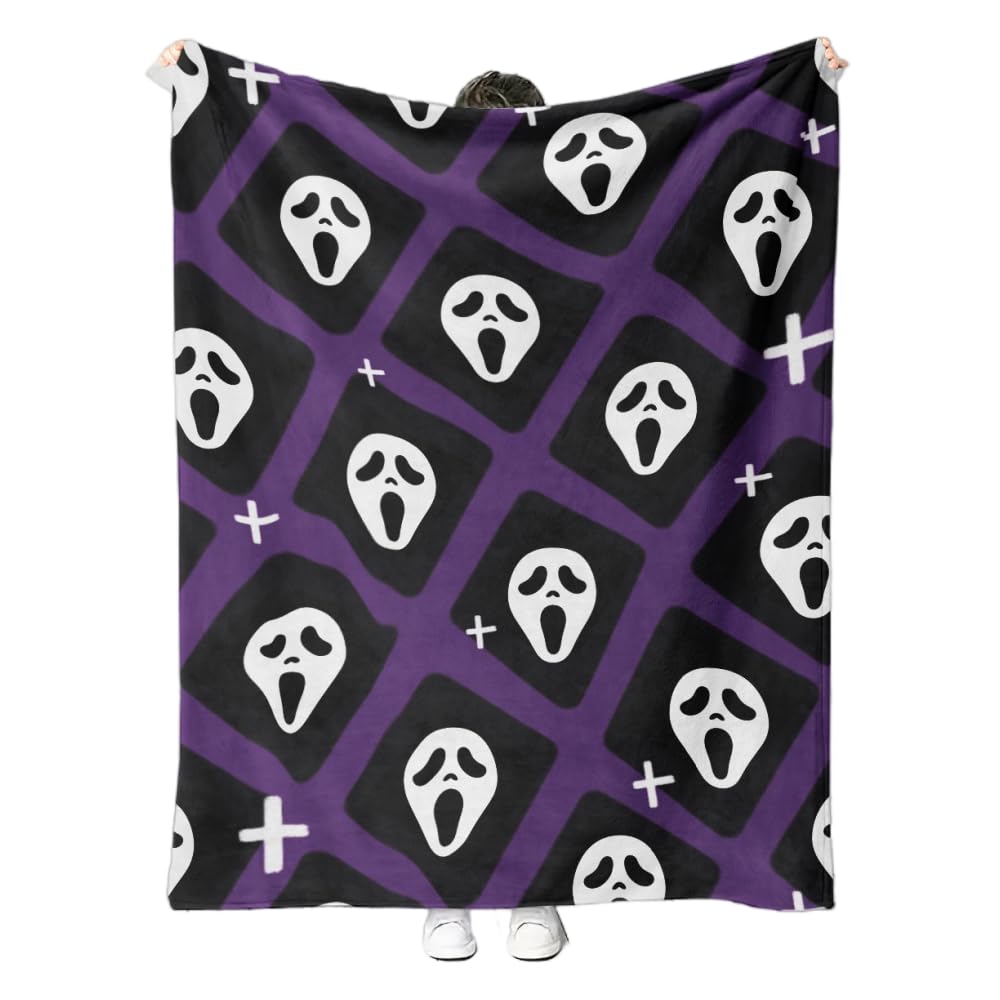 YWZDS Spooky Face Throw Blanket, Purple and Black, Halloween Ghost Blankets Fuzzy Gifts for Sofa Couch Bedroom (30 x 40 inch)