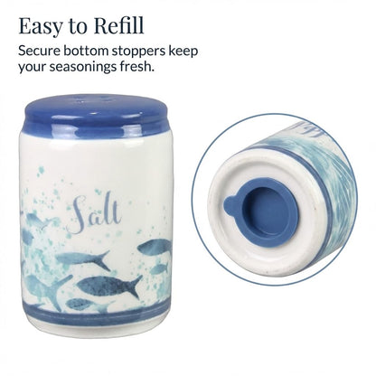 Beachy Blue Fish & Ocean Waves Ceramic Salt & Pepper Shakers