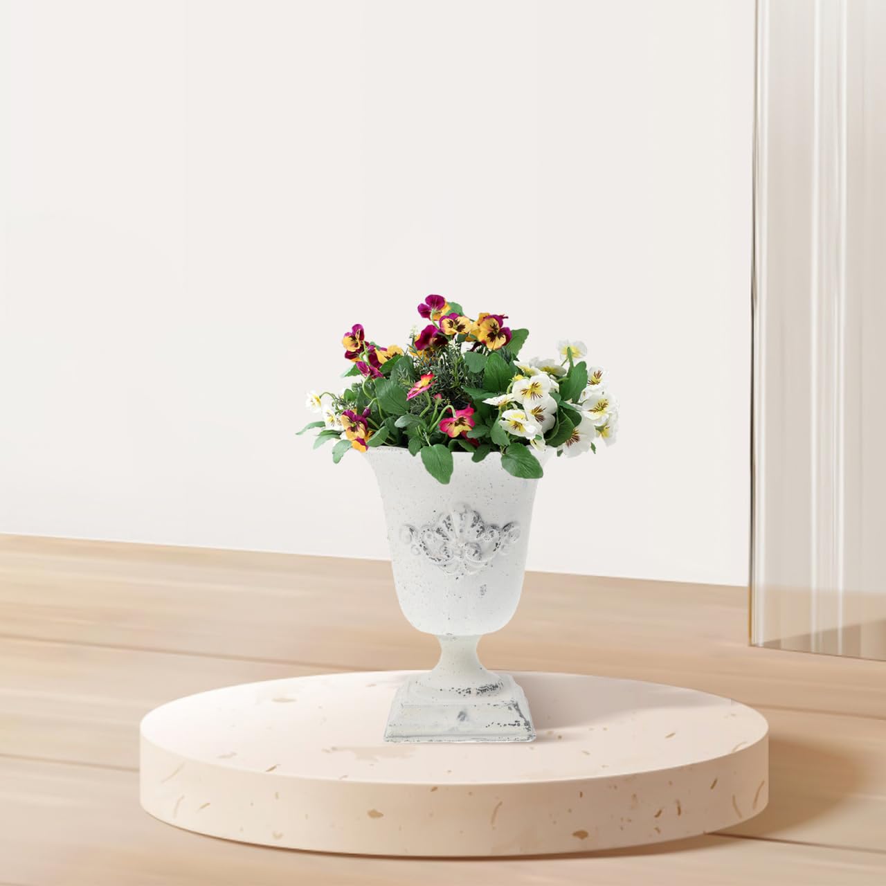 POPETPOP Tall Metal Urn Planter: 7.47" Distressed White Pedestal Vase for Floral Arrangements, Rustic Farmhouse Flower Pot for Wedding Centerpiece, Home Decor