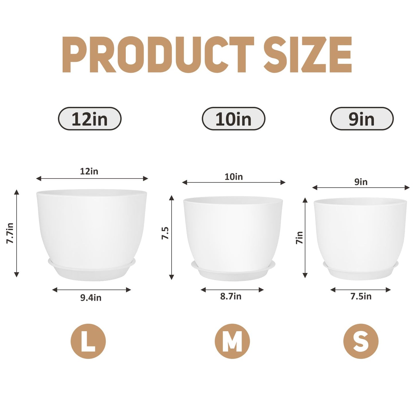 YNNICO Plant Pots 12 10 9 Inch Set of 3, Flower Pots with Multi Mesh Drainage Holes