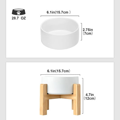 SPUNKYJUNKY Ceramic Elevated Dog Bowls 2 Pack - 6.1inch Raised Dog Bowls with Non-Slip Wooden Stand for Medium Dogs Dishwasher Safe(White,28.7OZ*2)
